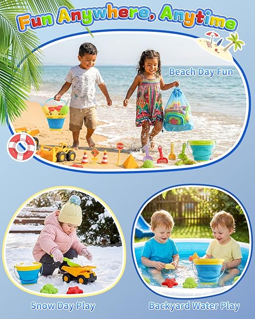 30PCS Beach Toys for Kids Ages 3-10, All-in-One Sand Toy Set with 2 Collapsible Buckets, Mesh Bag for Easy Packing, Trucks, Sea Animal Molds, Shovels & Sieves for Beach, Sandbox & Snow Play
