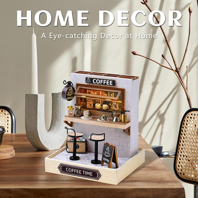 Kisoy Dollhouse Miniature with Furniture Kit, DIY 3D Wooden DIY House Kit with Dust Cover,Handmade Tiny House Toys for Teens Adults Gift (Coffee Time)