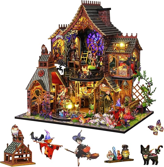 Plustopoy DIY Miniature House Kit,Tiny House Model Kit Dollhouse with Light & Tools, DIY Wooden Dollhouse Miniature Kit for Adults and Teens, Creative Craft Magic House Kit, Home Decor(Magic Spirit)