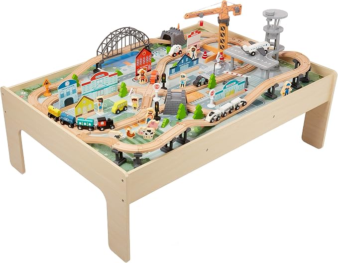 Amazon Basics 120 Piece Wooden Train Set with Activity Table, Sturdy Tracks, Storage Bin, Easy to Assemble, Kids Gift for Age 3Y+, 47.44 x 33.46 x 16.14 in