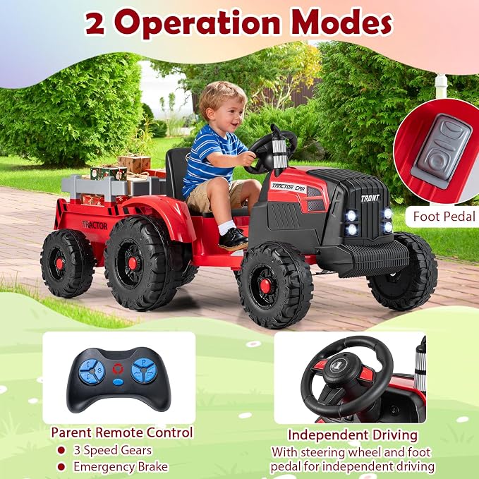 Costzon 24V Ride on Tractor with Detachable Trailer, Kids' Electric Vehicles with 3 Speeds, 15° Climbing, Wireless Design, Horn & Music, Remote Control Tractor Toy for Kids 3+,Gift (24V, Red)