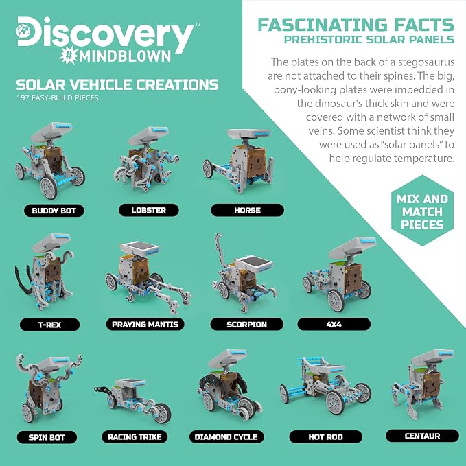 Discovery™ STEM 12-in-1 Solar Robot Creation 197-Piece Kit with Working Solar Powered Motorized Engine and Gears, Construction Engineering Set for Ages 8 and Up