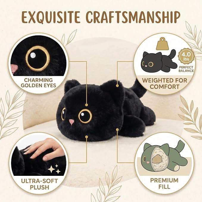 Weighted Cat Stuffed Animal, 20-Inch, 4 lbs Black Cat Plush, Cuddly Soft Plushie Pillow Gift for Kids & Adults