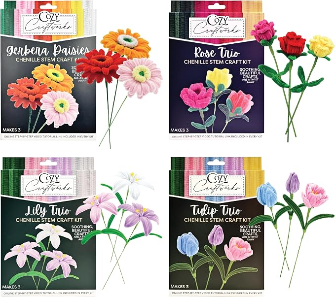 WeVeel Cozy Craftworks Chenille Stem Flower Craft Kit for Adults – CC 4 Flowers Bundle – Relaxing DIY Arts & Crafts Kit with All Supplies