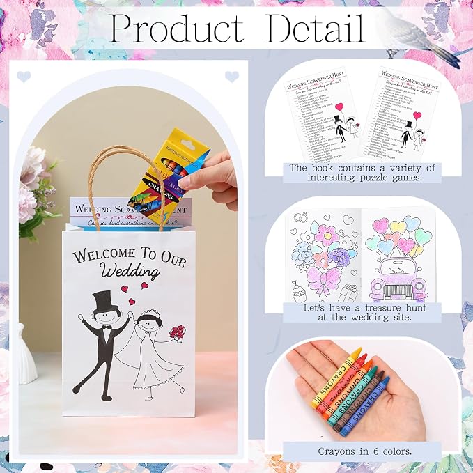 Mooliwe 192 Pcs Wedding Activity Set Include 48 Coloring Books 48 Favor Bags 48 Crayons 48 Scavenger Hunt Sheets for Wedding Activities Game Favor Entertainment Party Supplies