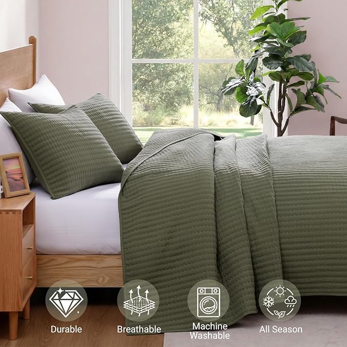 WRENSONGE Twin Quilt-2 Pieces Lightweight Bedspreads Olive Green Twin Quilt Bedding Set for All Seasons, Soft Summer Coverlet Suitable for Bed, Couch, Quilt Blanket