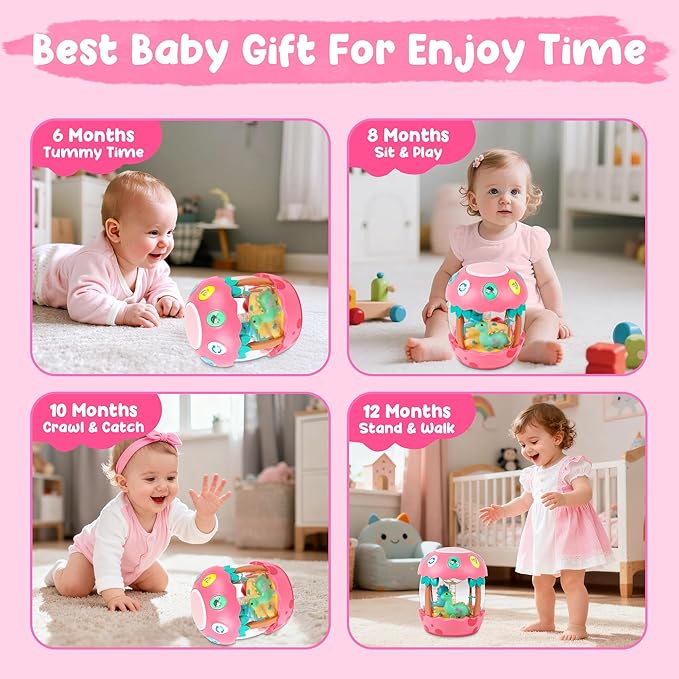 M SANMERSEN Baby Girl Toys, Dinosaur Rotating Light Up Musical Baby Toys for 12-18 Months Newborn Infant Crawling Tummy Time Toys, Birthday Easter Gifts for Baby Girls- Pink