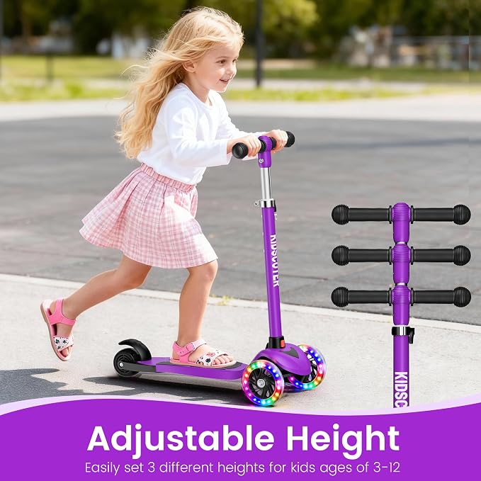 Multicolor Kids Scooter for Ages 3-12, 3 Wheel Lean to Steer Scooter with LED Light-Up Wheels, Adjustable Handlebar, Detachable Easy Storage for Boys & Girls