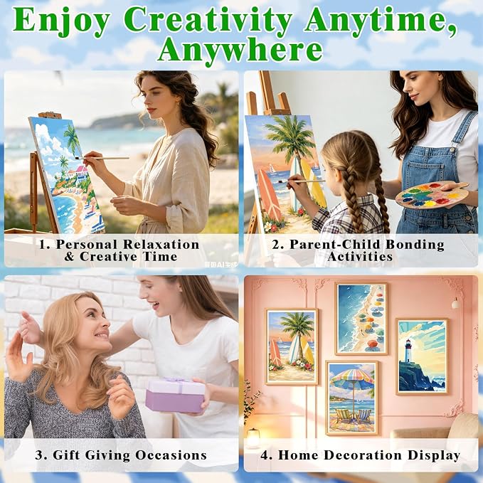FLUXOJOY 6 Pack Painting by Number Kits for Adult, DIY Canvas Color Painting Kit for Kids or Beginner with Paint Brushes Acrylic Pigment Drawing Paintwork 20x30cm Without Frame (Sea Holiday-6 Pack)