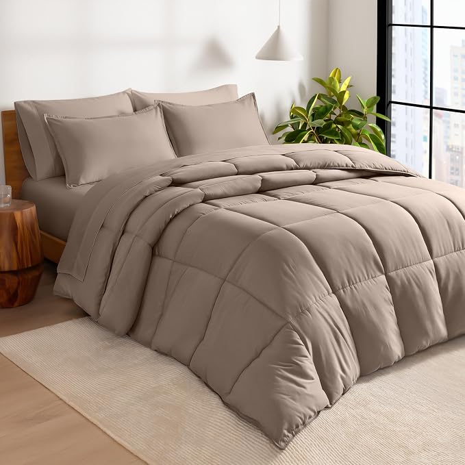 Bare Home Bed-in-A-Bag 7 Piece Comforter & Sheet Set - California King - Goose Down Alternative - Ultra-Soft 1800 Premium Bed Set (Cal King, Taupe/Taupe)
