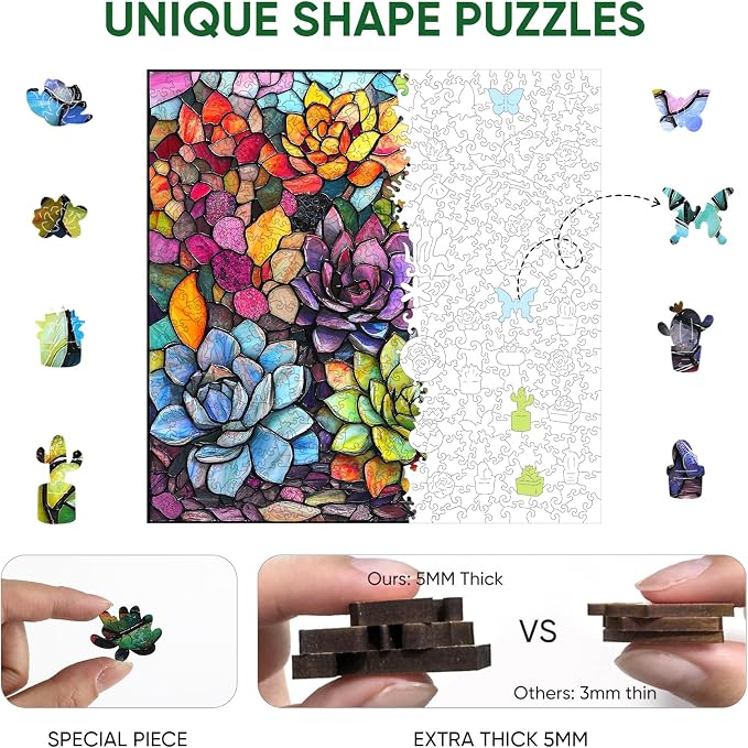 Delobi Stained Glass Puzzles for Adults 500 Pieces Succulent Wooden Puzzles, Unique Challenging Jigsaw Puzzles Gift for Friends Family Game Medium Size 15.9'' x15.9''