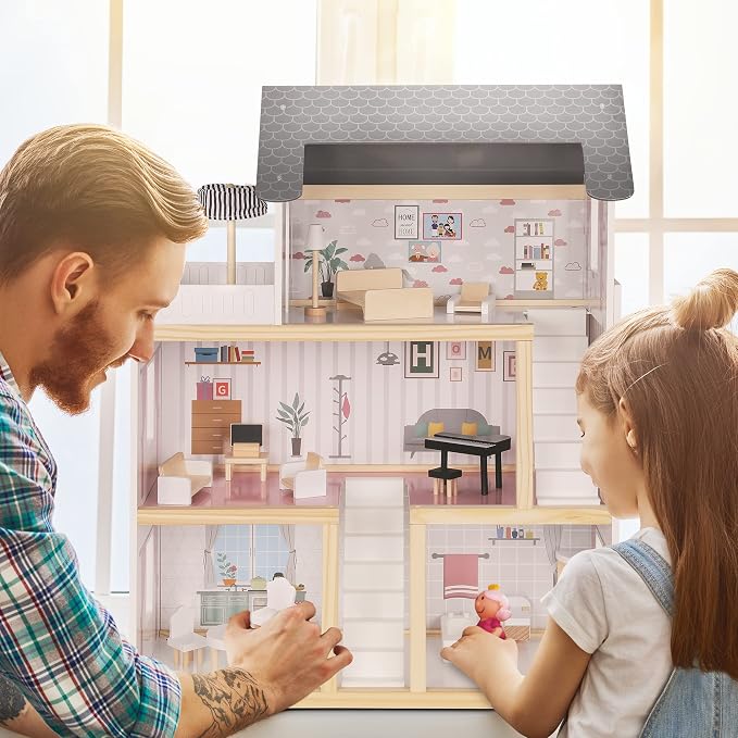 Lil' Jumbl Jumbl Kids Wooden Dollhouse, 17-Piece Accessories & Furniture are Included, with Balcony & Stairs, 3 Story Easy to Assemble Doll House Toy