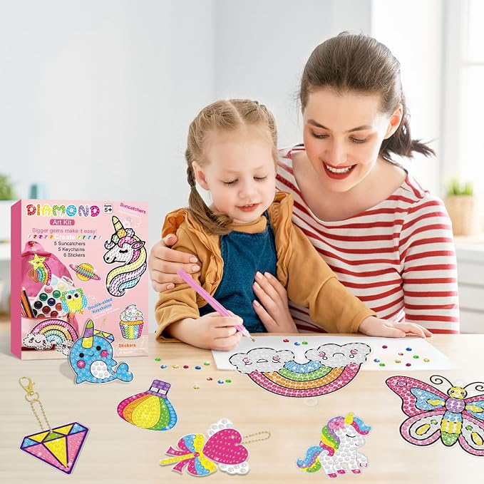 BANBBUR 16 Pcs Gem Art for Kids Age 4-8 8-12,Kids Crafts 5D Gem Diamond Art Kit with 5 Suncatchers/5 Keychains/6 Magical Stickers,Painting Art Crafts for Christmas