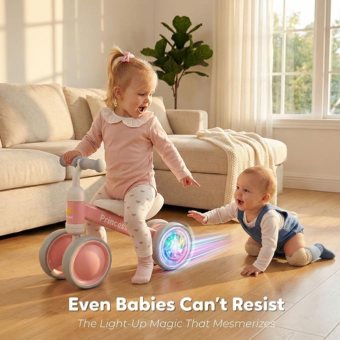 BEKILOLE 1 Year Old Girl Gifts Baby Balance Bike 1st Birthday Girl Gift with LED Light Up Wheels for 12-24 Months Toddlers - ASTM Certified 2-Minute Assembly Pink First Ride On Training Toy