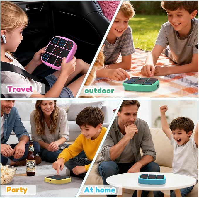 KOQQQ Rechargeable Tic-Tac-Toe Bolt Game, Upgraded 4-in-1 Handheld Puzzle Console, Electronic Educational Memory Game, Portable Travel Car Ride Board Games for Kids Adults (Yellow)
