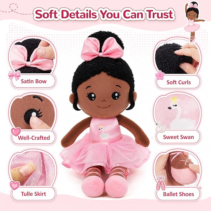OUOZZZ 12.6" Black Soft Baby Dolls Toys for 1 Year Old Girl Gifts, African American Dolls Birthday Gifts for 1 Year Old Girl Ballerina Doll Plush Toys for Toddler