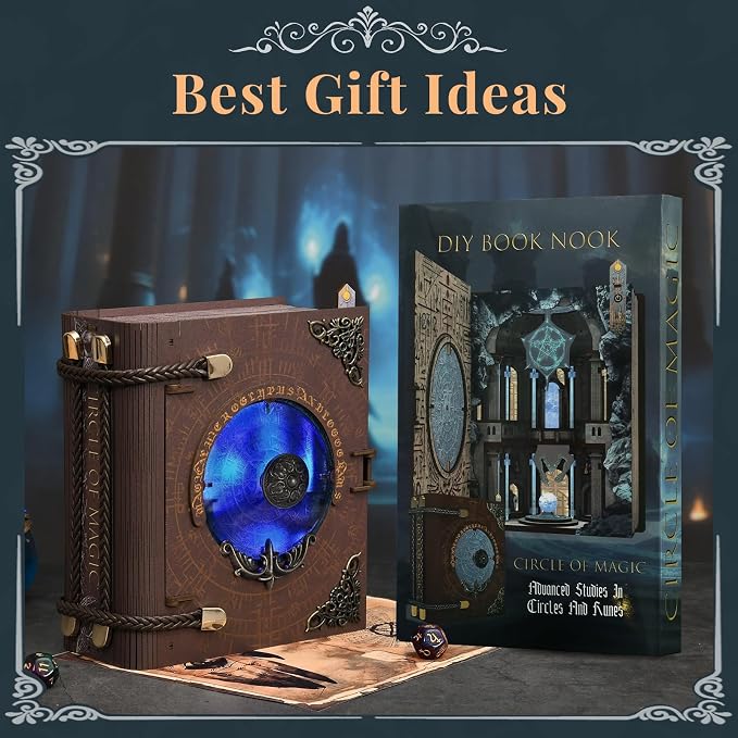 CCCDF Circle of Magic Book Nook Kit, Openable Magic Book Shaped Miniature Dollhouse, Closed Book Style Bookshelf Insert Decor with LED Light, DIY Wizard Themed Craft Gift for Teens and Adults