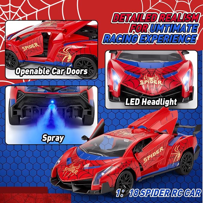 CHMYWJ Spider Remote Control Car with Lights, Spray, Openable Scissor Doors Gifts for 3 4 5 6 7 8 9 10 Year Old Boys Age 3-4 4-6 6-8 8-12 Christmas Birthday Gift, Toddler Kids Toy