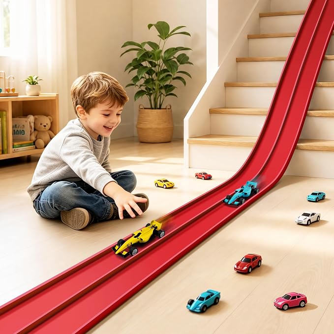 16 Ft Flexible Race Car Ramp Track for Kids Toy with Suction Cups, Compatible with Diecast 1/64th Cars, Rolls Up Portable Racetrack Party Favor Gifts for Boys Ages 3-10 Year Old (Racing Red)