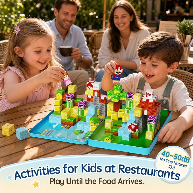 Magnetic Blocks for Kids Travel: 100PCS Portable Tin & Tiles - Adventure Figures 40-50dB Quiet 60-Min Play - Compact Car Plane Activities Ages 3-8