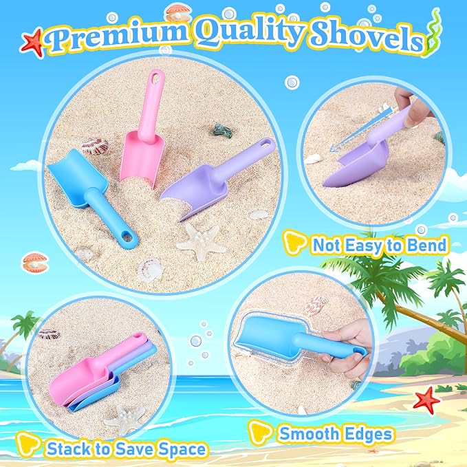 Collapsible Beach Buckets for Kids, Foldable Sand Buckets and Shovels with Mesh Bag, Silicone Sand Pails Travel Beach Toys for Toddlers Easter Egg Hunt, Camping and Fishing Water Pail