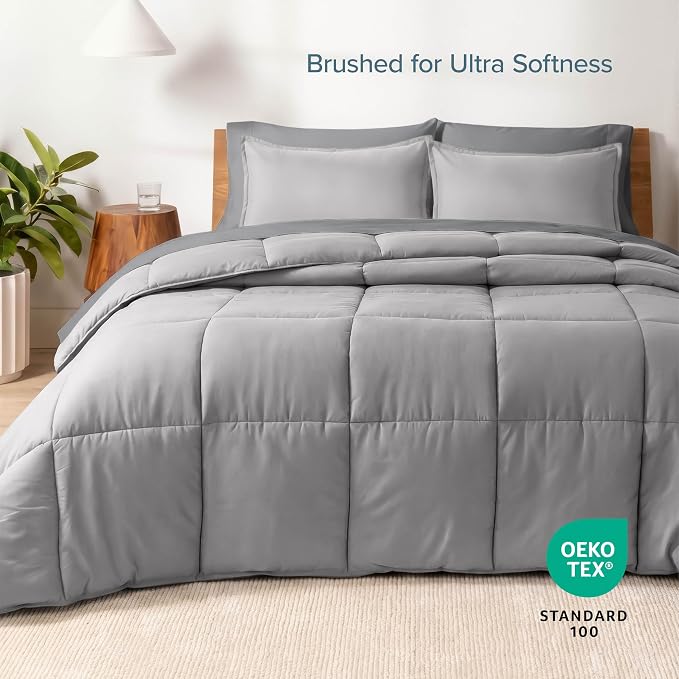 Bare Home Bed-in-A-Bag 7 Piece Comforter & Sheet Set - King - Goose Down Alternative - Ultra-Soft 1800 Premium Bedding Set (King, Light Grey/Grey)