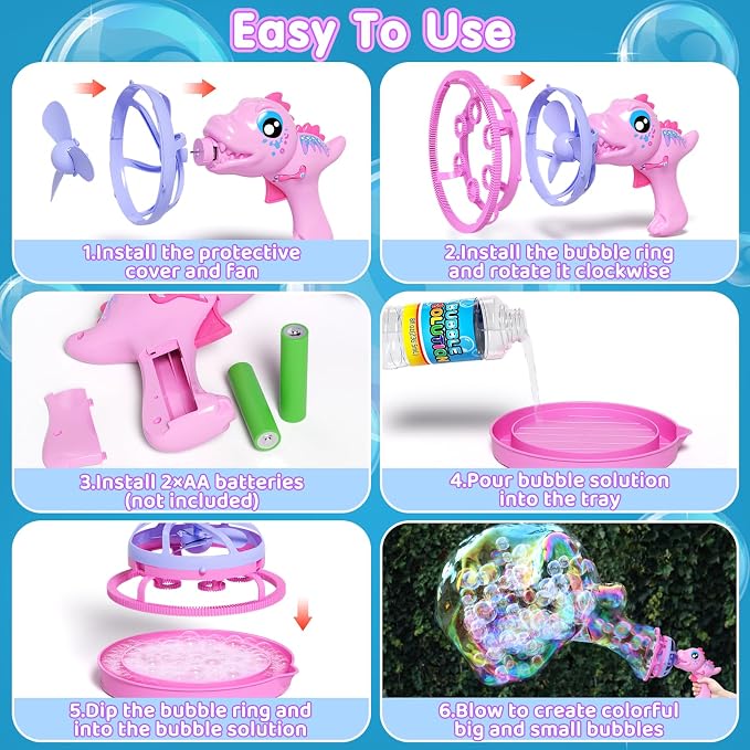 IFLOVE Pink Dinosaur Bubble Gun for Kids, Bubble Machine Toy with Bubble-in-Bubble Effect, 1000+ Bubbles/Min Outdoor Party Favor Gift for Girls Ages 3-8