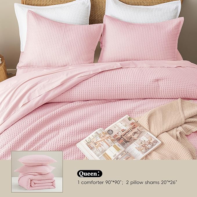 David's Home Waffle Weave Comforter Set 3PCS Queen Size, Soft Breathable Lightweight Cozy Skin-Friendly Warm for All Season, Elegant Aesthetic Home Decor Bedding Set with Pillow Shams, Pink