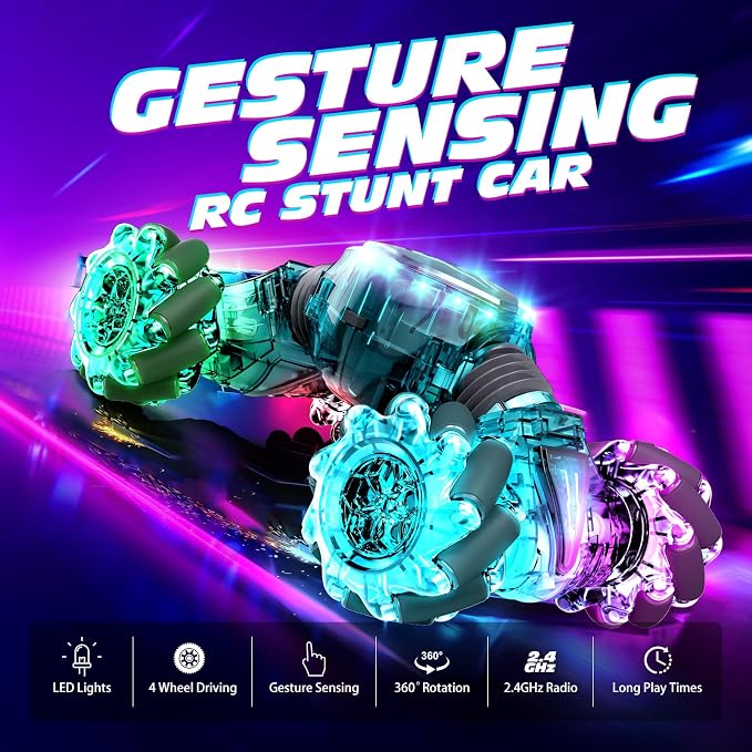 Tecnock Remote Control Car for Boys Girls, 2.4GHz 4WD Gesture Sensing RC Stunt Car Toys - 360° Rotating Double Sided Hand Controlled RC Cars with LED Lights, Gifts for Kids Ages 6-8, 8-12