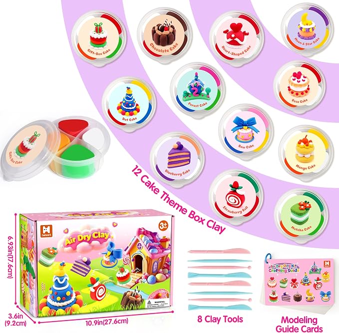 Air Dry Clay Kit, 12 Cake Modeling Clay for Kids, Molding Clay Set with Sculpting Tools and Tutorial, Ultra Light, Safe & Non-Toxic, Arts and Crafts School Projects, Home Party Favor for Boys Girls