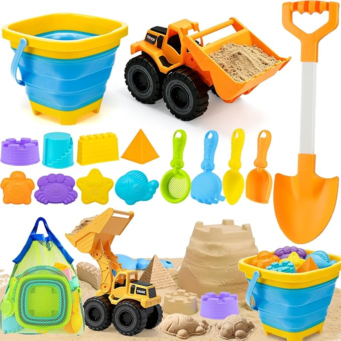 AuntyFey Beach Sand Toys for Toddler 1-3 with Trucks, 2 Collapsible Beach Toys for Kids Ages 4-8, Sandbox Toys for Toddler, Collapsible Beach Sand Buckets with Castle Sand Molds Shovels