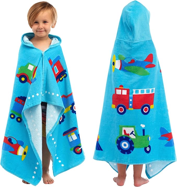 Wildkin Kids Hooded Beach Towel – 100% Cotton, Snap Front for Bath, Pool & Beach - Trains, Planes & Trucks