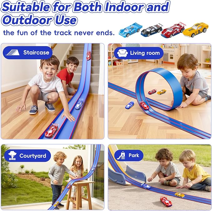 Upgrade Flexible Race Track for Kids, 15 Ft Flex Race Car Ramp Track with 4 Cars & Suction Cups - Compatible with Diecast 1/64th Cars, Car Tracks Toys for Kids Boys Girls Ages 3 4 5 6+ (Blue)