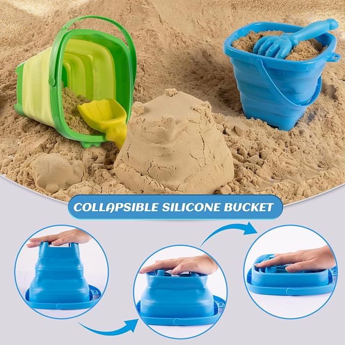 Collapsible Beach Toys for Toddlers Kids – 2 Foldable Sand Buckets Shovel Rake, 8 Sand Molds & Castle Building Kit, Mesh Bag – 13-Piece Travel Sandbox Toy Set Ages 3-12