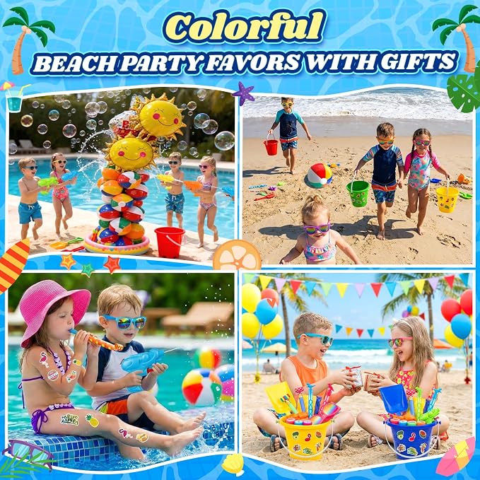 GIFTINBOX Beach Pool Party Favors,146PCS Pool Beach Toys for Kids Ages 4-8 8-12, Summer Party Favors for Kids, Beach Balls, Kids Sunglasses, Buckets Bulk Sand Toys, Birthday Party Decorations