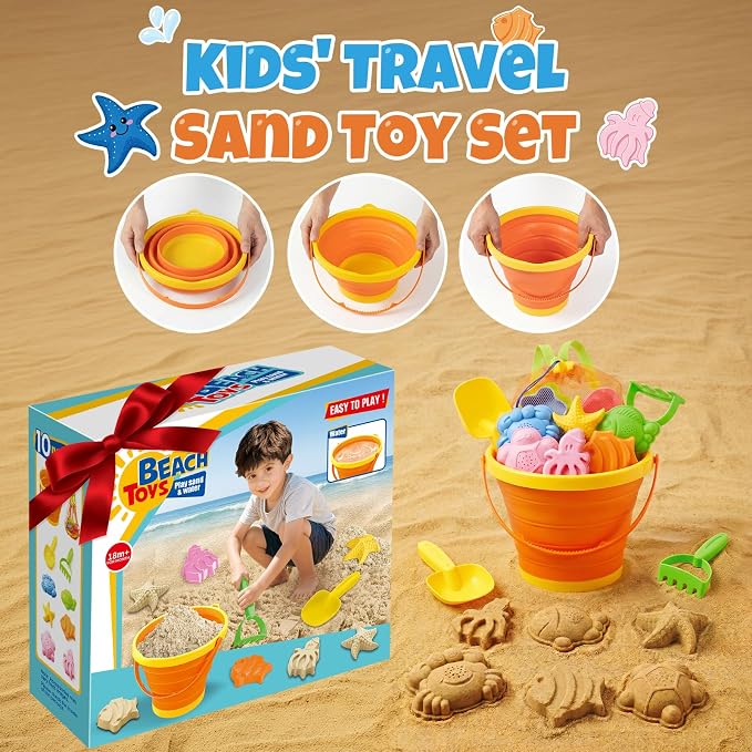 Beach Sand Toys Set for Toddlers, Portable Travel Beach Toys with Collapsible Bucket, Shovel, Rake, Molds & Mesh Storage Bag for Kids, Summer Gift (Tangerine)