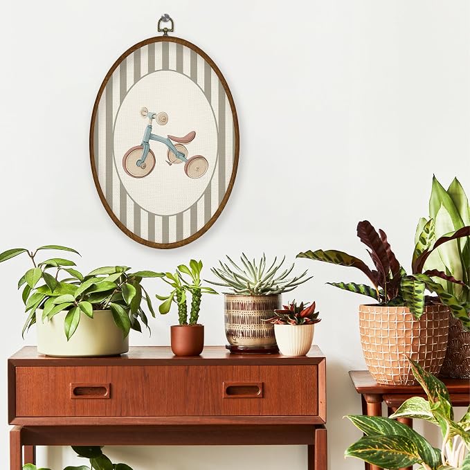 WULQYING Vintage Tricycle Boy Nursery Wall Art Decor, Kids Oval Framed Canvas Art Prints, Neutral Striped Tricycle Wall Hanging Decor for Kids Boy Nursery Room Playroom, 8.5x11.4 Inches