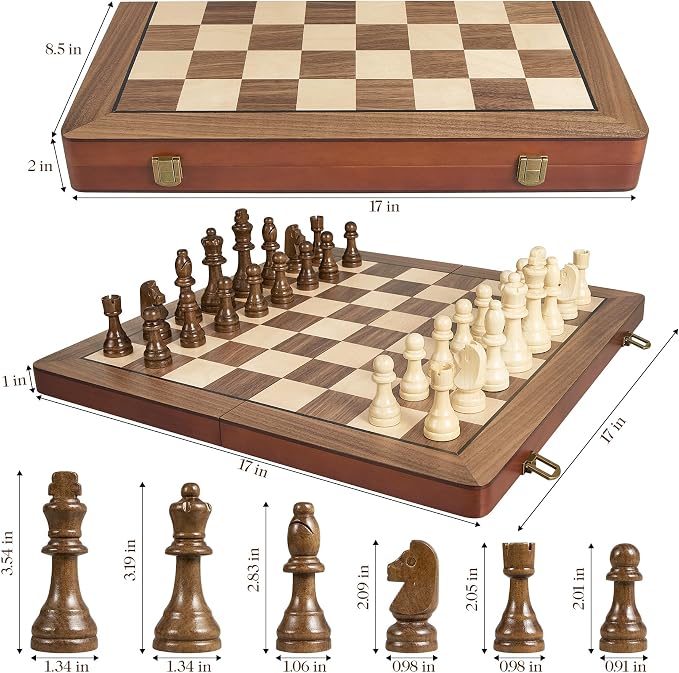 17" Magnetic Wooden Chess Set for Adults Kids, Chess Board Games with Magnetic Pieces & Extra Queens, Folding Portable Travel Large Unique Chess Sets for Tournament Professional Beginner