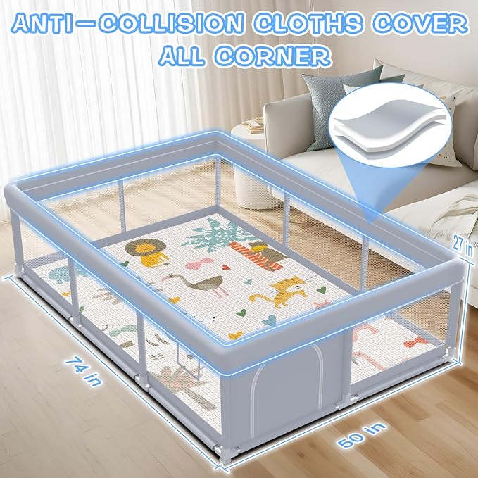 XVISHX Baby Playpen with Mat, 74 x 50 Inch Playpen for Babies and Toddlers, Baby Playard for Indoor & Outdoor Active Center Game Fence, with Skin-Friendly Fabric and Soft Breathable Mesh, Grey