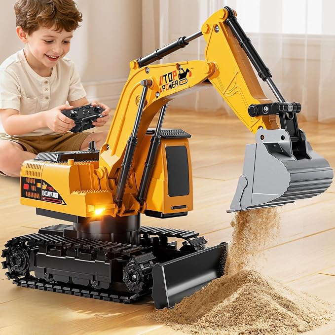 Remote Control Excavator Toys for Boys Age 6-12, 11CH 2.4Ghz RC Sand Digger with Metal Shovel Lights/Sounds, Construction Truck Toys for Boys 3 4 5 6 7 8 9 10 11 12 Year Old Kids