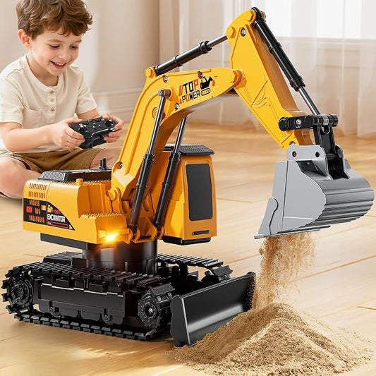 Remote Control Excavator Toys for Boys Age 6-12, 11CH 2.4Ghz RC Sand Digger with Metal Shovel Lights/Sounds, Construction Truck Toys for Boys 3 4 5 6 7 8 9 10 11 12 Year Old Kids