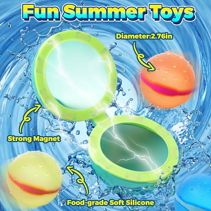 24 Pcs Reusable Water Balloons, Self-Sealing Refillable Water Balls, Pool Toys for Kids Ages 4-14, Pool Beach & Outdoor Water Ballons