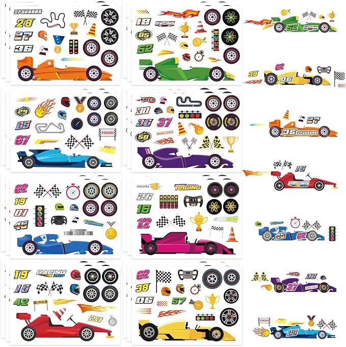 24 Sheets Car Stickers for Kids, DIY Race Car Sticker | Make Your Own Stickers, Race Party Favors, Birthday Party Decorations