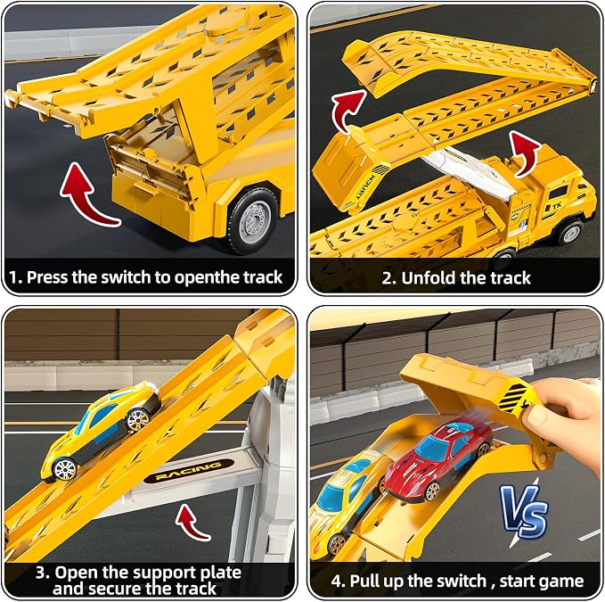 Transport Truck Toys for 3 4 5 6 7 Years Old Boys,Toy Cars Track Set Transporter Trucks with 12 Die-Cast Car Toys 2 Race catapults Dual-Track Model,Toddler Set for Kids Boys Girls,Yellow
