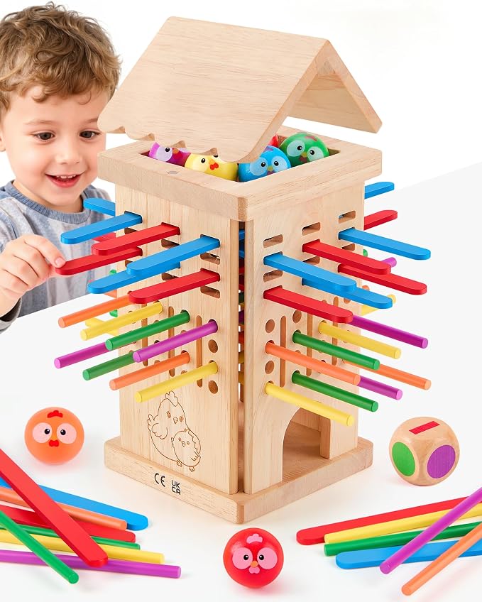Montessori Board Game for Kids Ages 3-6, Safe Colorful Wooden Stick & Dice Toy, Fine Motor Skills Learning Game, Family Game for Kids & Adults, Educational Gift for Boys and Girls