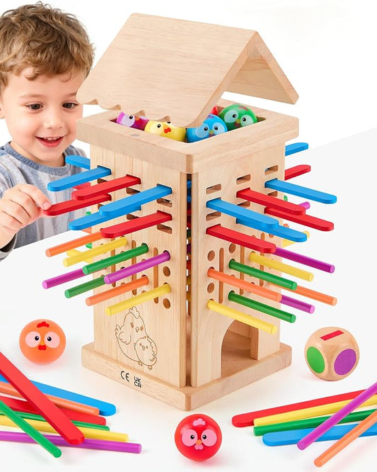 Montessori Board Game for Kids Ages 3-6, Safe Colorful Wooden Stick & Dice Toy, Fine Motor Skills Learning Game, Family Game for Kids & Adults, Educational Gift for Boys and Girls