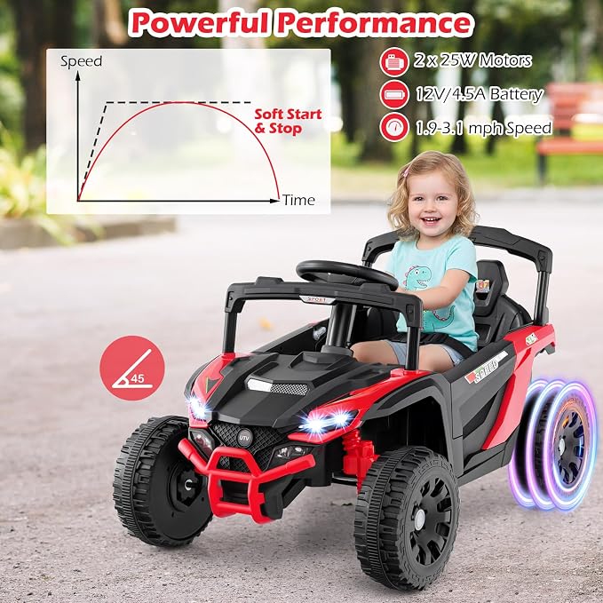 Costzon 12V Kids UTV Ride On Car, Battery Powered Electric Vehicle with Remote Control, 3 Speeds, LED Lights, Music, Horn & Spring Suspension, Off-Road UTV for Boys & Girls 3+ Years Old (Red)