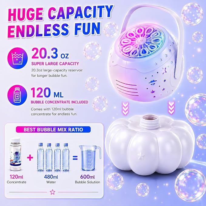Bubble Machine for Kids, 3-in-1 Rechargeable Bubble Maker with 7 Night Light Star Projector, 30000+ Bubbles/Min, 600ml Large Capacity Electric Bubble Blower Toy for Weddings, Birthday Parties