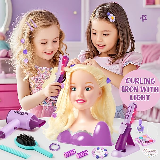 TUZT Doll Head for Hair Styling Kids, Hair Salon Toys & Real Makeup Nail Polish, Kid Beauty Hair Stylist with Hairdryer Curling Iron, Birthday Gift for Girl 3 4 5 6 7 8 9 10 Year Old