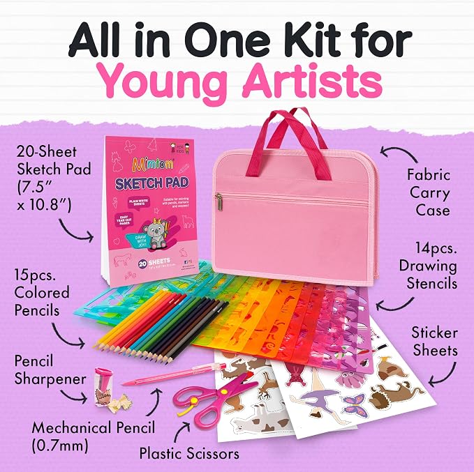 Mimtom Drawing Stencil Kit for Kids, 51 PC Art Set with 270+ Shapes, Sketch Pad, and Colored Pencils for Child's DIY Arts and Crafts, Draw with Princess, Fairies and Animal Stencils, Pink